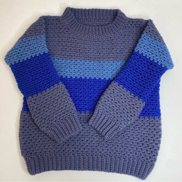 Handmade‎ New Unisex Blue Gray Striped Crewneck 3/4 Sleeve Knit Sweater L/C41 - Picture 6 of 9